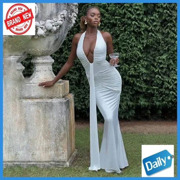 Deep V Neck Ruched Maxi Dress Formal Halter Gown Cocktail Evening - Picture 7 of 8